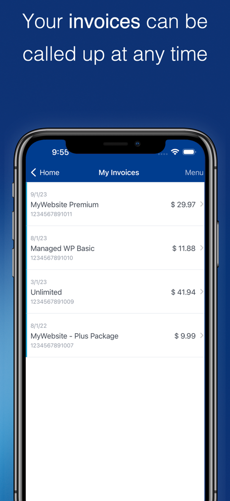 IONOS Mobile App Bildschirm mit einer Liste von Dienstleistungsrechnungen und Abrechnungshistorie