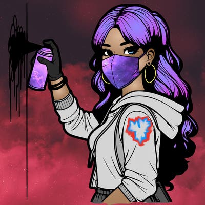 realistic girl with mask spray painting a wall