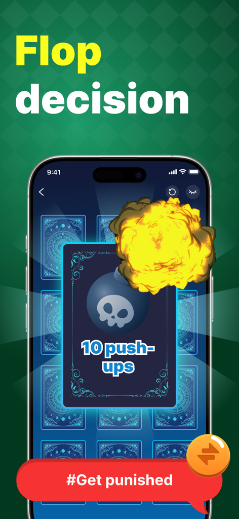 A mobile app screen showing a card flip game for random decisions with a result showing a ten push-ups challenge