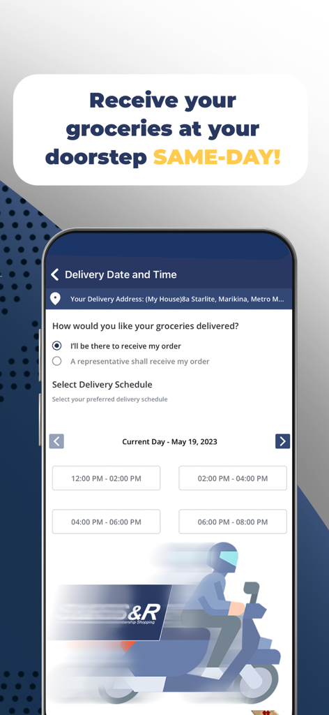 S&R Shopping - S&R Shopping Mobile App-Oberfläche mit Auswahl des Lieferdatums und der Lieferzeit für die Lebensmittellieferung am selben Tag.