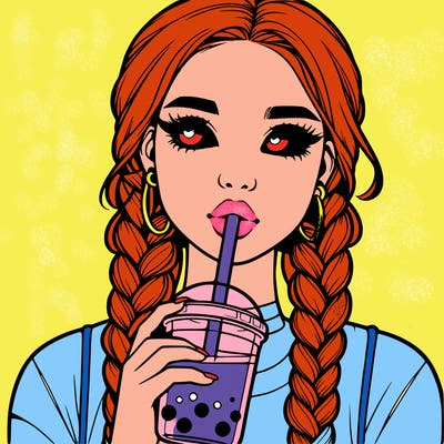 realistic girl with braided hair drinking boba