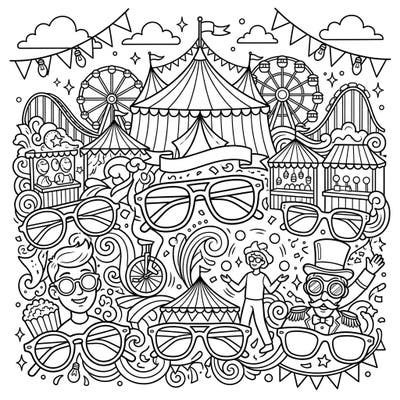 Immerse yourself in the thrilling atmosphere of a carnival with this unique coloring page. Discover a dazzling array of unisex eyewear designs scattered amongst festive fairground attractions and playful characters, ready for your creative touch.