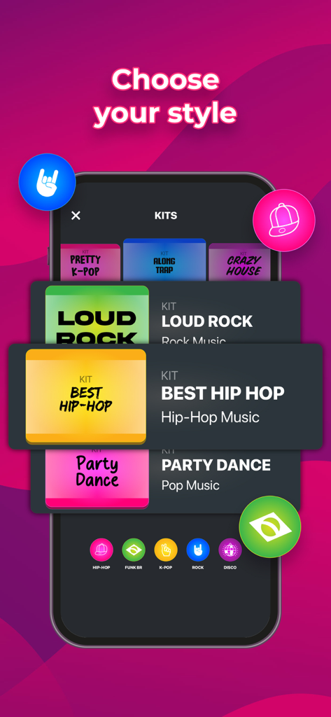 Interface of Super Pads app displaying different music style kits like Hip Hop and Rock