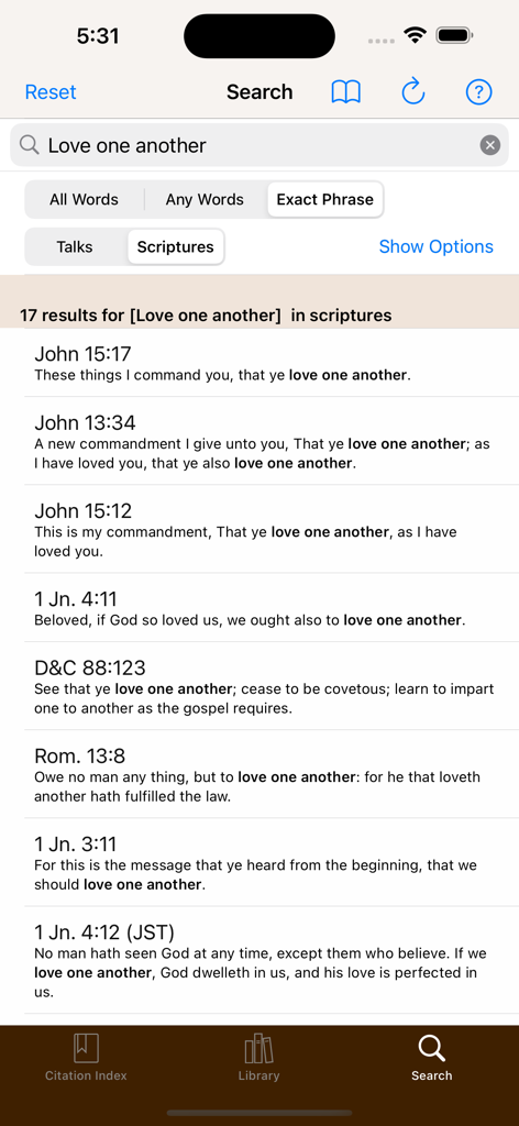 Search results for the phrase love one another in the Scripture Citation Index app