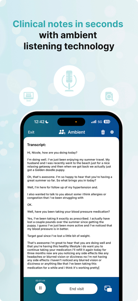 NextGen Mobile Solutions - NextGen Mobile app interface showing a patient visit transcript generated by ambient listening technology.