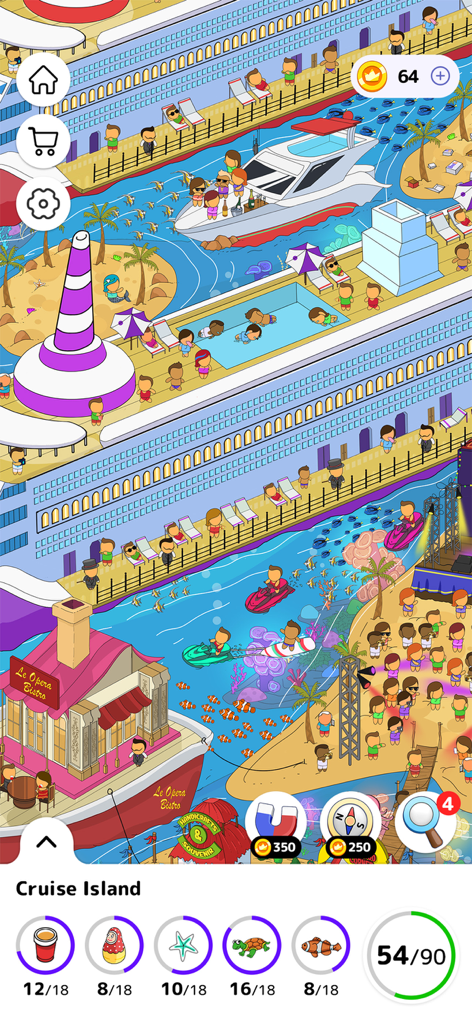 Niveau Île de Croisière dans Seek and Find Hidden Object Game montrant une scène vibrante de plage et de navire avec des objets à trouver