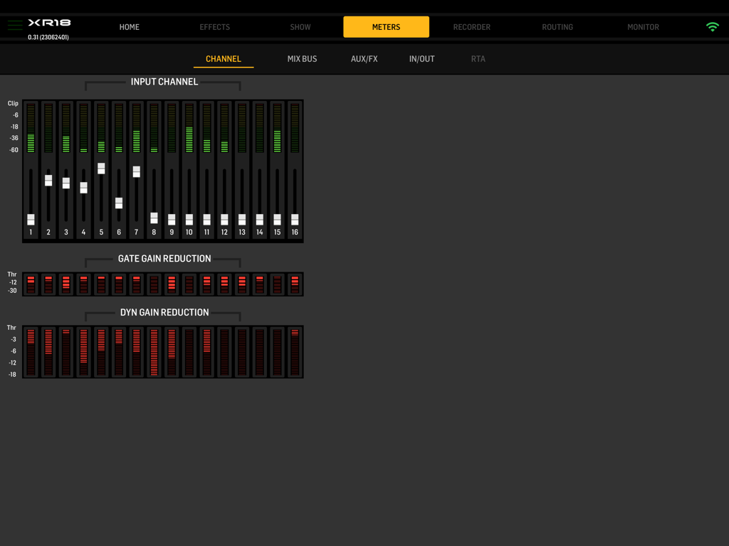 MX-Mix - MX-Mix app interface showing channel input meters and gain reduction levels for a digital audio mixer