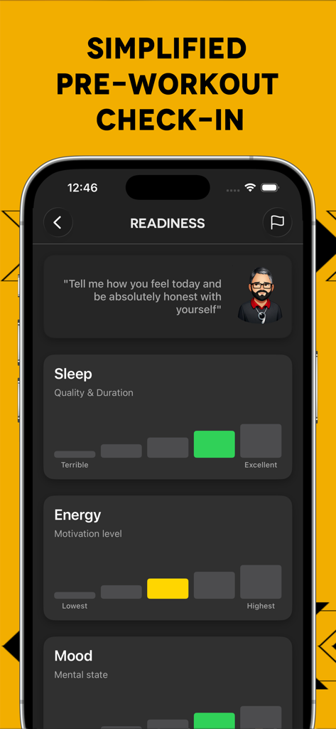Sheiko Gold: AI Powerlifting - Schermata di check-in della prontezza pre-allenamento che traccia sonno ed energia