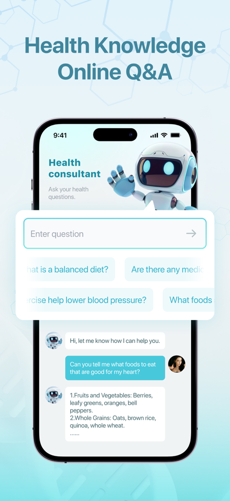 AI health consultant chat interface providing heart healthy food recommendations in the app
