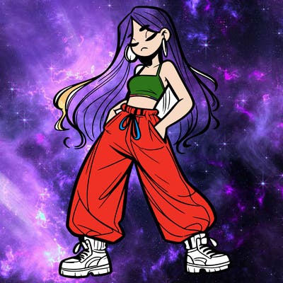 girl in baggy pants crop top and long hair