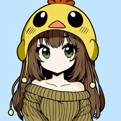 anime girl with chick shaped hat with sweater with bare shoulders with bangs covering them one eye with low tail