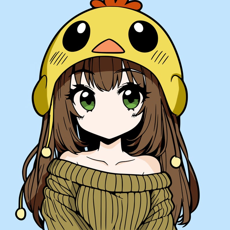 anime girl with chick shaped hat with sweater with bare shoulders with bangs covering them one eye with low tail