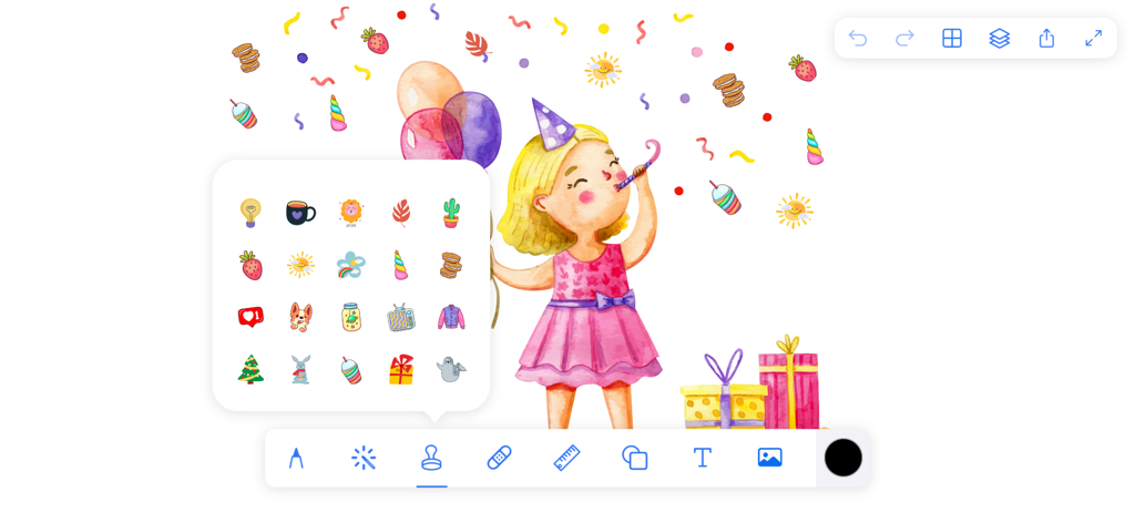 Drawing Apps - 描画アプリでステッカーとスタンプツールメニューが開いた状態で、パーティーにいる少女のデジタル水彩イラスト。