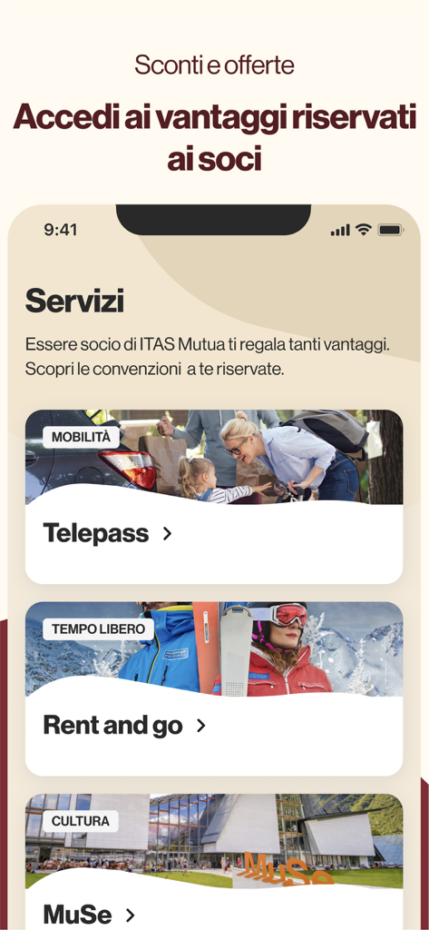 ITAS assicurazioni - Interfaccia dell'app ITAS Assicurazioni che mostra i vantaggi esclusivi per i membri per mobilità, tempo libero e cultura