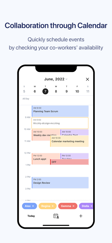 카카오워크 Kakao Work - Interfaz de la aplicación Kakao Work que muestra un calendario de equipo compartido para programar reuniones con la disponibilidad de los compañeros de trabajo.