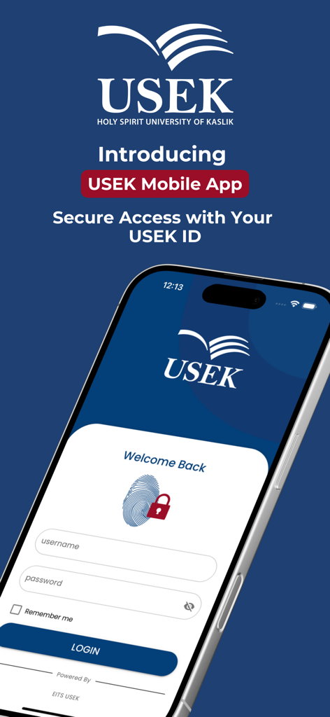 Tela de login do aplicativo móvel USEK Oficial mostrando campos de nome de usuário e senha para acesso seguro com o ID USEK.