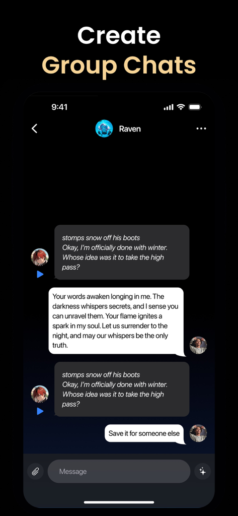 TalkZ: AI Chat with Character - TalkZ app interface showing a group chat feature with multiple AI characters engaging in a roleplay conversation.