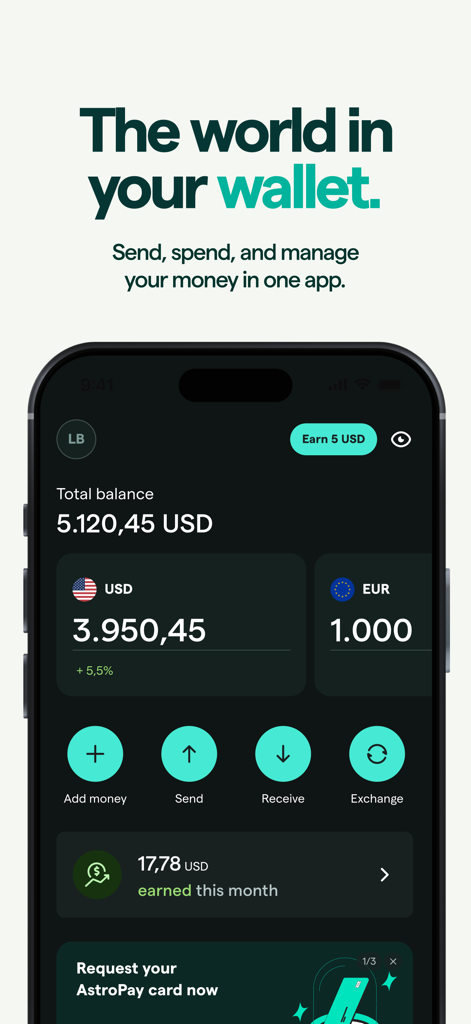 AstroPay global wallet mobile app dashboard showing multi-currency balances and payment features