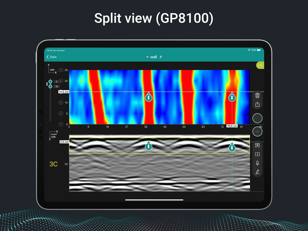Proceq GPR 앱 인터페이스가 콘크리트 검사를 위해 iPad에서 레이더 데이터의 분할 보기를 표시하고 있습니다.