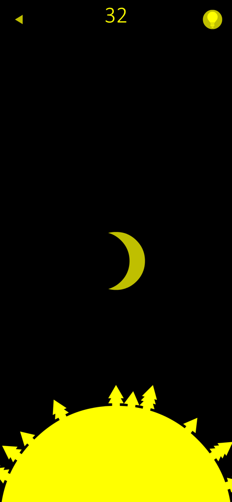 Level 32 of the minimalist puzzle game yellow featuring a yellow crescent moon and tree silhouettes on a black background.