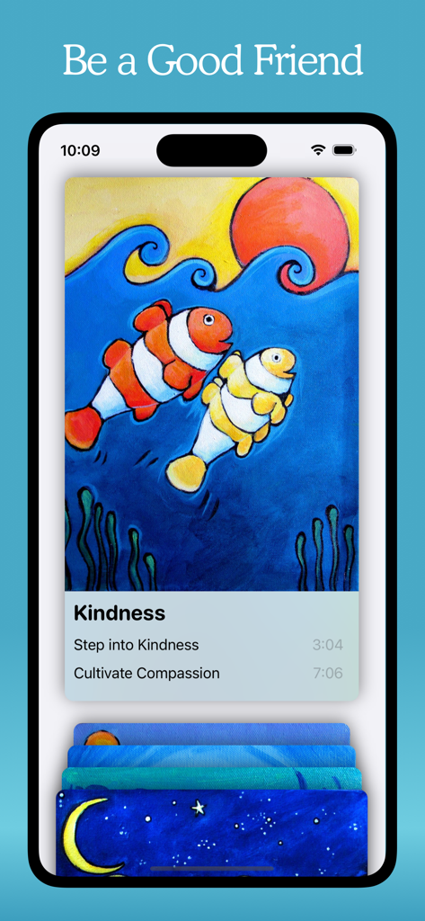 Kids Mindfulness Meditations - Kids Mindfulness Meditations app interface showing a kindness meditation module with a colorful illustration of two fish.