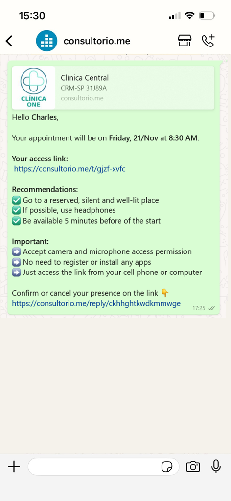 Consultorio.me - Automated WhatsApp appointment reminder with a telehealth session link and patient instructions.