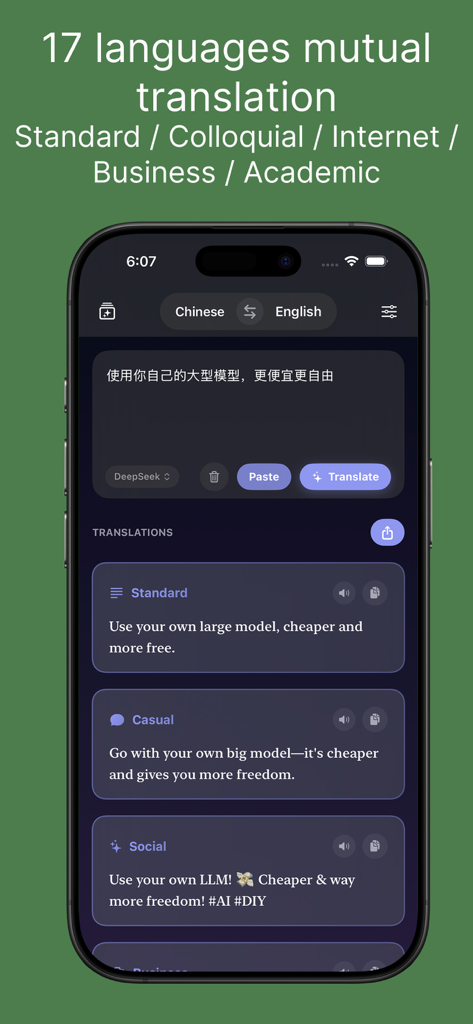 FlashTranslate · Own API - FlashTranslate app interface displaying Chinese to English translations in Standard Casual and Social styles using DeepSeek AI