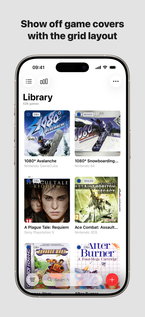 Mobile app library view showing video game covers in a grid layout for various gaming consoles