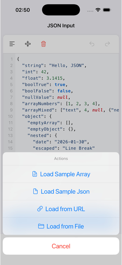 Screenshot of JSON Tools app showing a JSON code editor and action menu with loading options