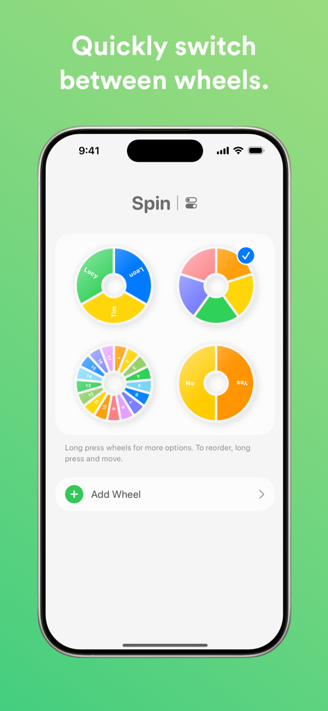 Spin - Lucky Wheel Random Draw - A smartphone display showing the Spin app interface with four different customizable lucky wheels for quick switching.
