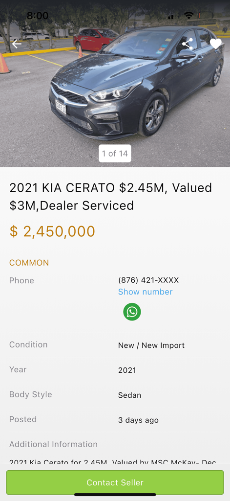 Marketplace Jamaica - Mobile app screen showing a 2021 Kia Cerato sedan for sale on Marketplace Jamaica.