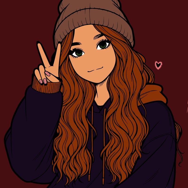 a teenage girl in a beanie, oversized sweatshirt, wavy long hair, and is showing a ✌️