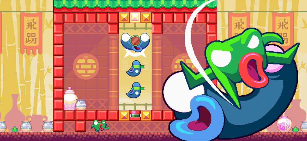 Green Ninja: Year of the Frog - A green frog performing a kung fu kick against blue ninjas in a pixel art level
