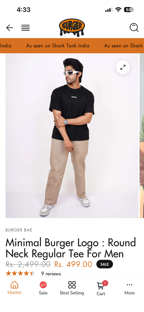 Burger Bae - Product page for a mens minimal logo t-shirt on the Burger Bae mobile app