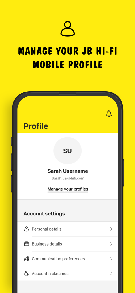 JB Hi-Fi Mobile - JB Hi-Fi Mobile app profile screen displaying user account settings and personal details