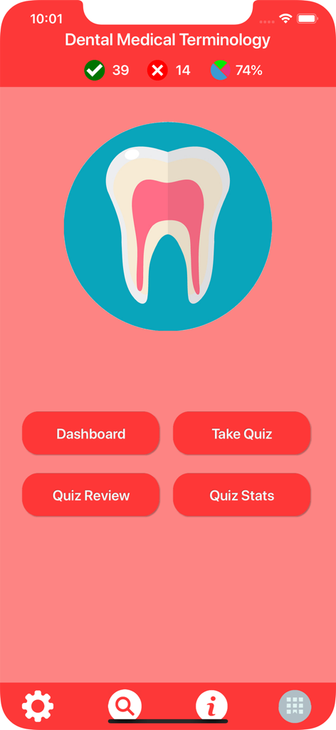 Dental Medical Terms Quiz - 歯科医療用語クイズアプリのメインメニュー。歯のアイコンとクイズナビゲーションボタンが表示されています