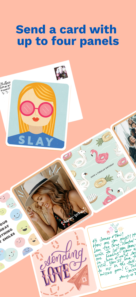 Felt: Greeting Cards & Gifts - A collection of colorful personalized greeting cards and photos showcasing the four panel card feature of the Felt app.