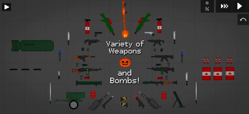 A collection of various pixel art weapons and explosives available in the Fruit Playground sandbox game.