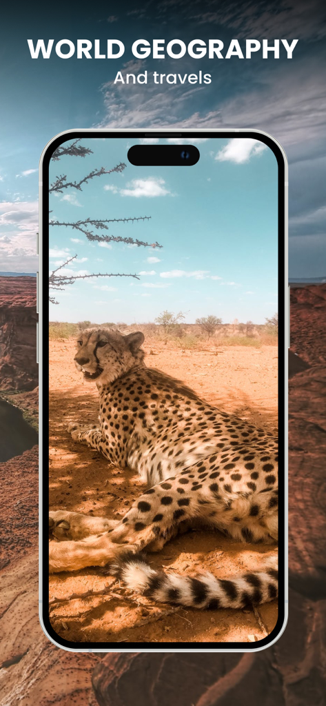 Écran de smartphone présentant un guépard dans la nature avec le texte Géographie mondiale et voyages
