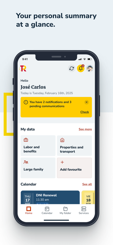 Mi carpeta Ciudadana - La pantalla de inicio de la app Mi Carpeta Ciudadana mostrando un panel personal con notificaciones y registros administrativos.