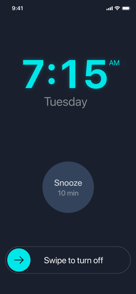 Smart alarm clock interface showing 7:15 AM on a Tuesday with a snooze button and a swipe to turn off slider