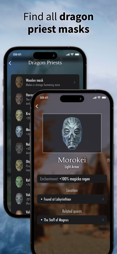 The Elder Scrolls Map - Mobile app interface of The Elder Scrolls Map showing a guide and list of Dragon Priest masks including Morokei