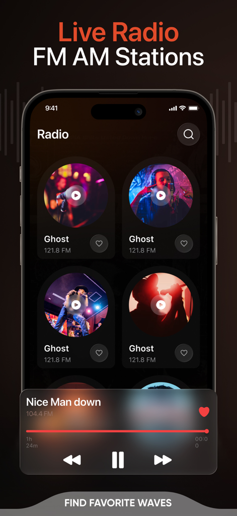 Radio FM AM・Local Stations - Screenshot der Benutzeroberfläche der Radio FM AM Local Stations App auf einem iPhone, die verschiedene Radiokanäle und eine Wiedergabeleiste anzeigt.