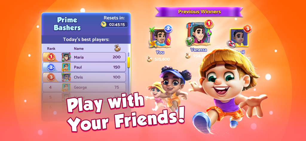 Bingo Bash mobile game screen showing a leaderboard and characters with the text Play with Your Friends