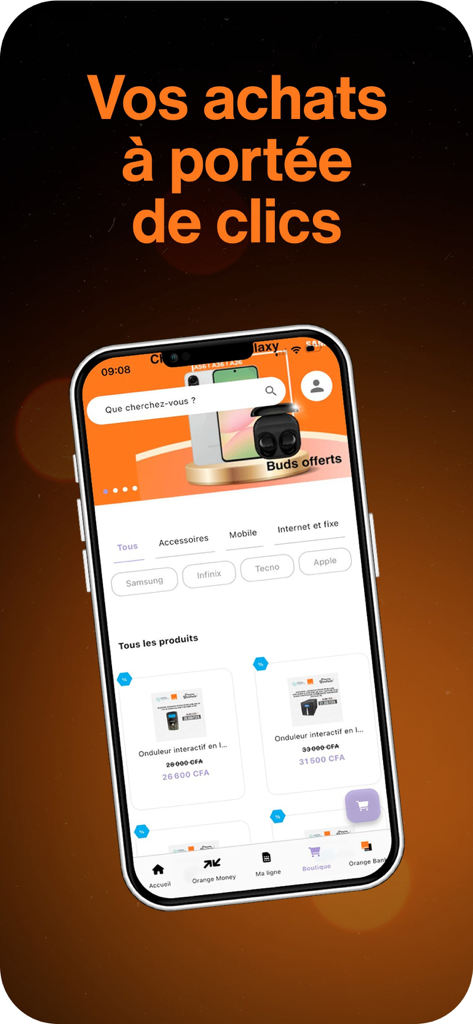 Orange Max it Sénégal - 구매 가능한 스마트폰과 액세서리가 표시된 Orange Max it Sénégal 앱 부티크 인터페이스 스크린샷
