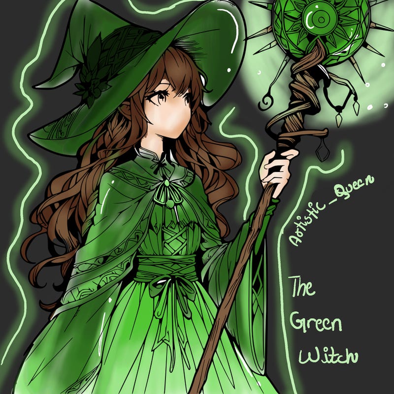 a realistic fantasy manga witch with a staff