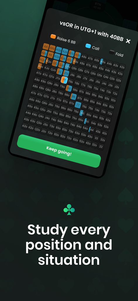 GTO Poker Trainer - Preflop AI - Un telefono mobile che visualizza un grafico di range di poker GTO per studiare posizioni e situazioni preflop