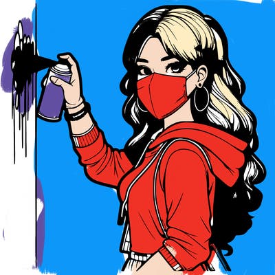 realistic girl with mask spray painting a wall