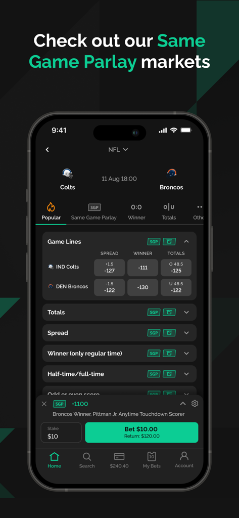 SBK Online Sportsbook Indiana - SBK Sportsbook app interface for Same Game Parlay markets on an NFL game.
