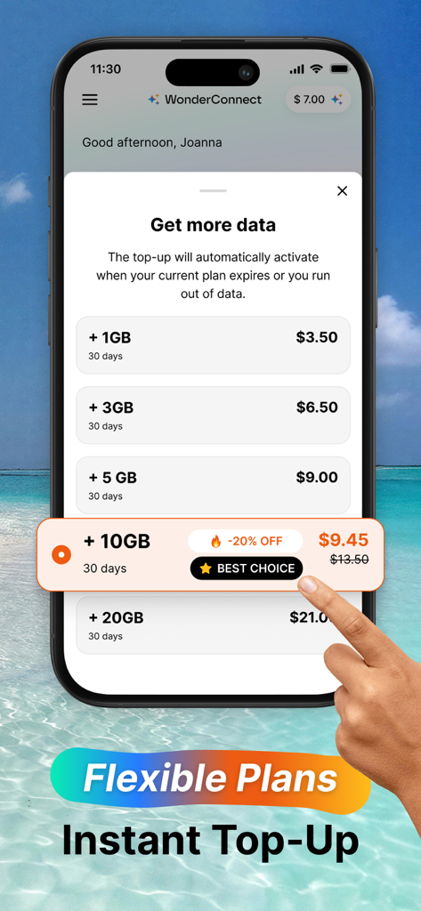 Interface of the WonderConnect app showing flexible eSIM travel data top-up plans with a highlighted best choice option.